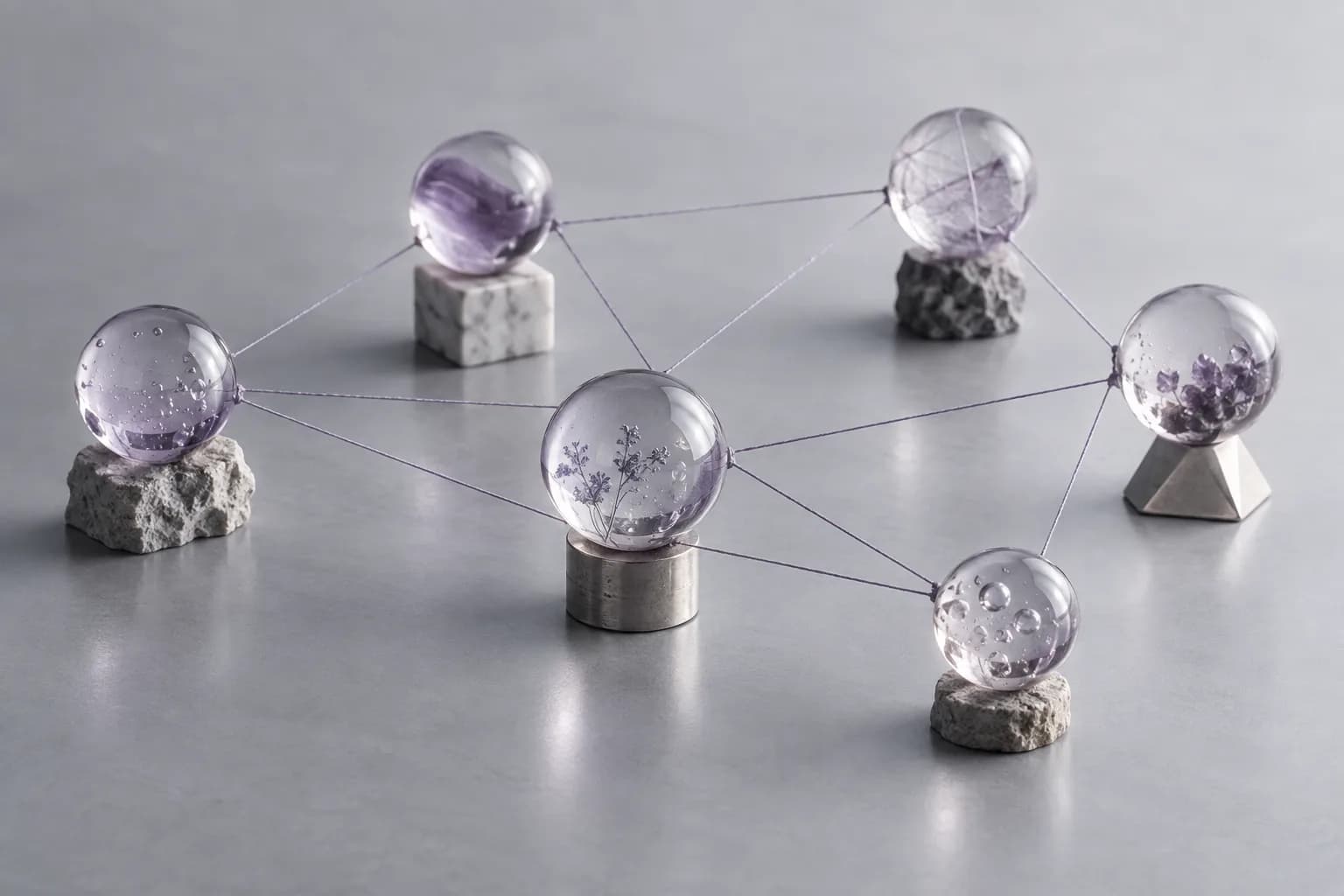 Separate glass nodes connected together, representing independent Nostr relays