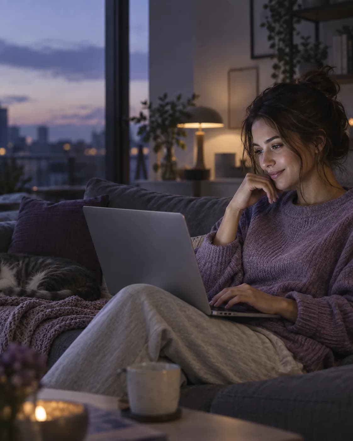 A person having a private conversation through Murmelt on a laptop at home